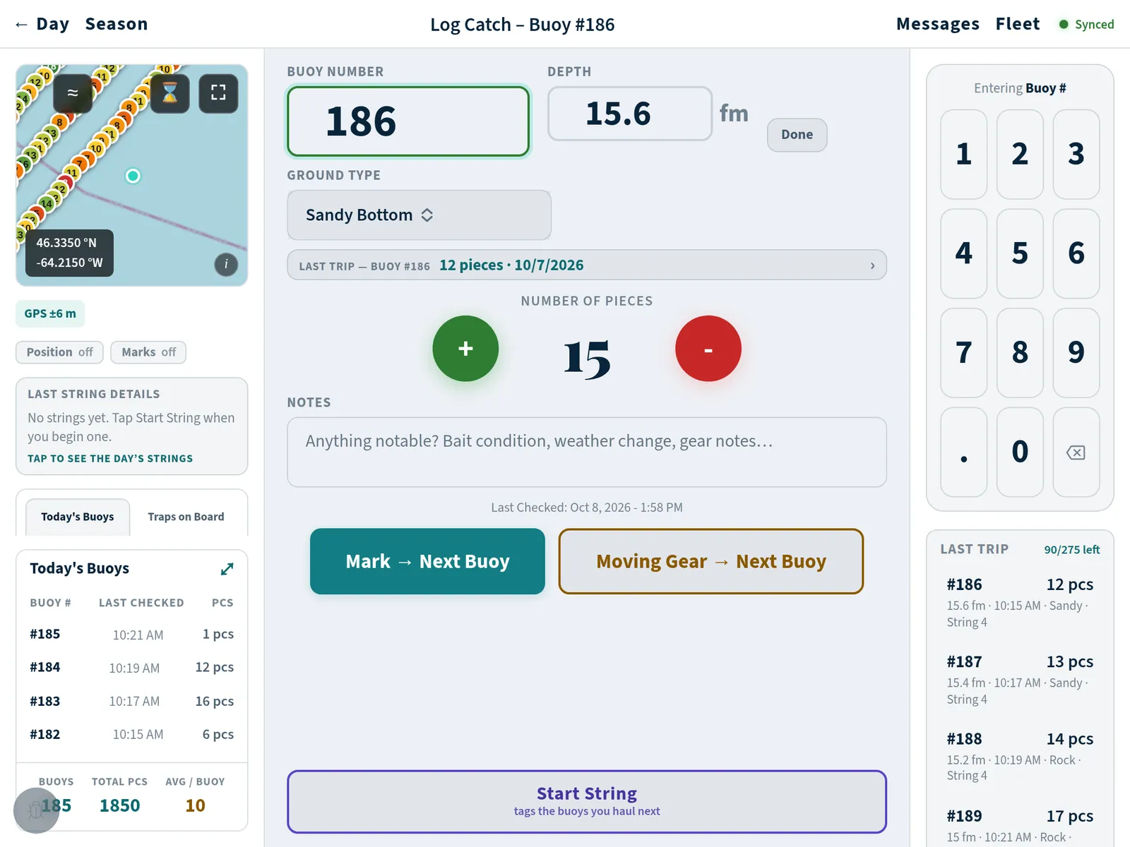 Logging buoy 186: a large keypad, the number of pieces with big plus and minus buttons, and Mark → Next Buoy.