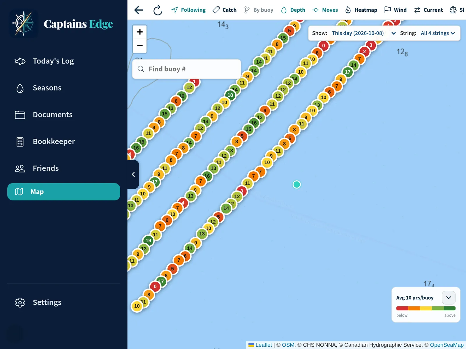 Strings of buoys on a nautical chart off Cape Egmont, each buoy coloured by its catch against the average.